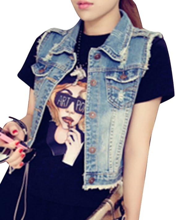 DianShao Damen Zerrissenes Weste Jacke Ärmellos Einfache Beiläufige Jeansweste
