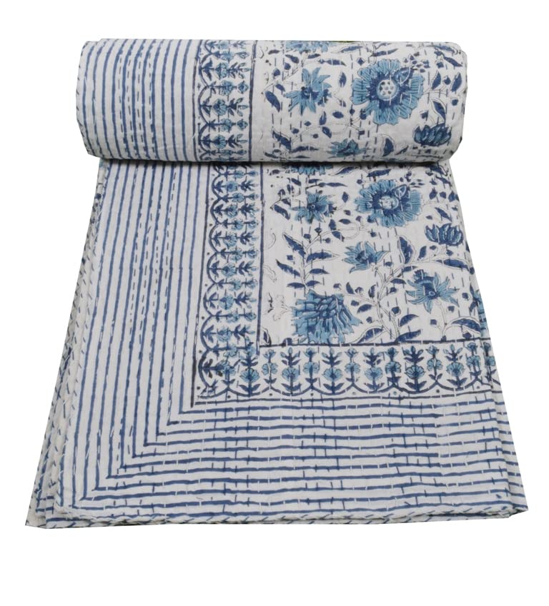 MAVISS HOMES Indian Hand Block Print Kantha Quilt Queen Size Quilt Kantha Bedspread White Quilt Cotton Kantha Throw Bedding (Twin 90 X 60 Inch, White)