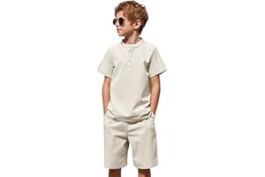 Arshiner Boy's 2 Pieces Cotton Linen Set Casual Henley Shirts Short Sleeve Beach Shorts Summer Outfits for 5-12 Years