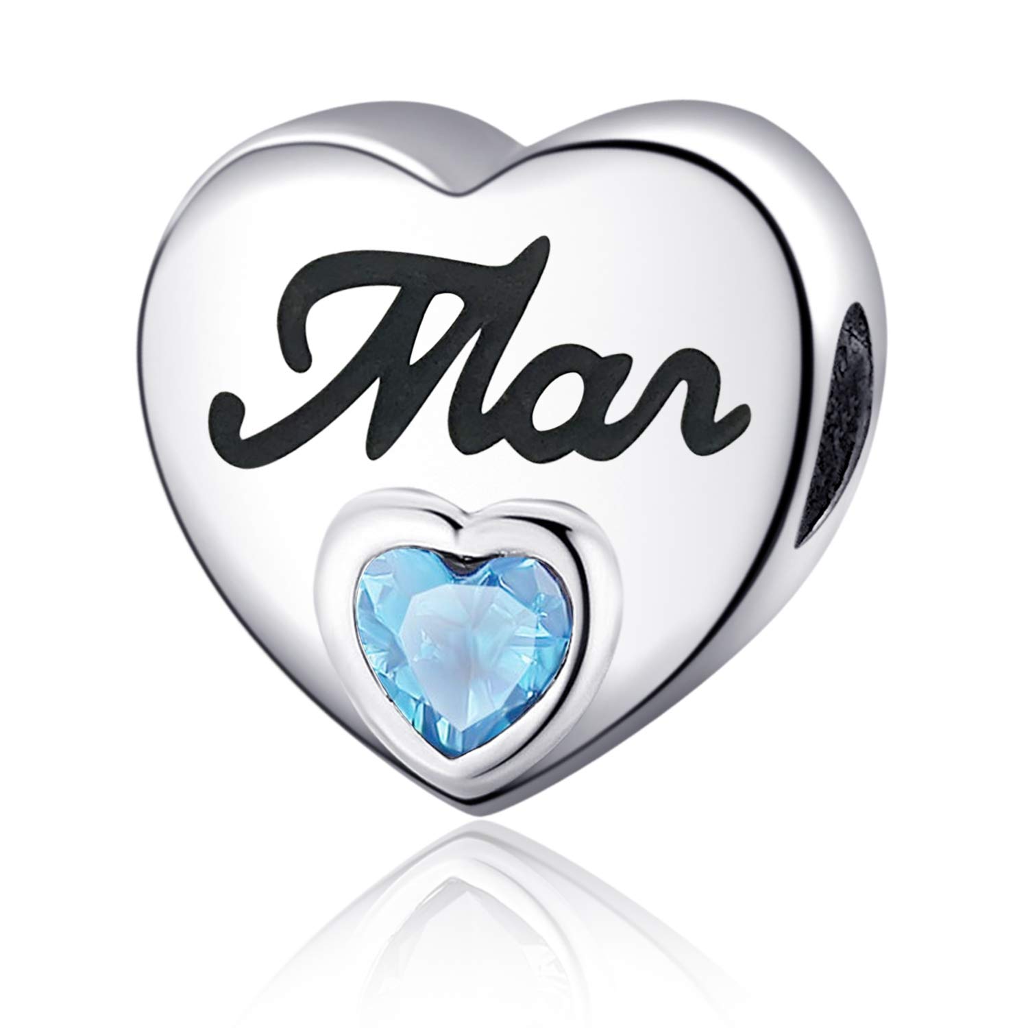 YOUFENG Jewellery Birthstone Charms for Charms Bracelet Love Heart Jan-Dec Birthday Crystal Charm (March)