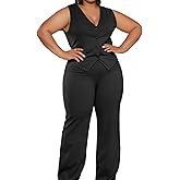 Women's Plus Size Pant Suits 2 Piece Outfits Button Vest Blazer Pockets Wide Leg Pants Sets Casual Pantsuits