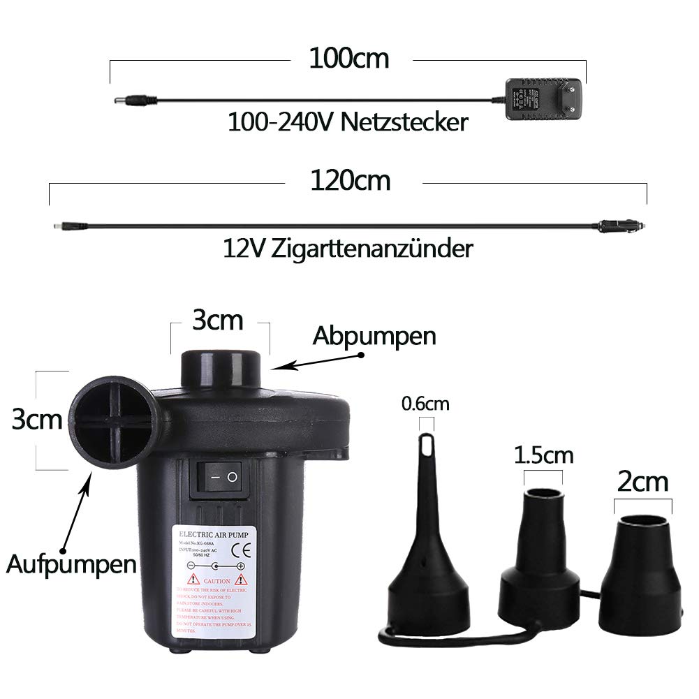 Elektrische Luftpumpe, Luftmatratze Pumpe 2 in 1 schnelles Auf/Abpumpen AC 100-240V/DC 12V, Elektropumpe mit 3 Aufsätzen für aufblasbares Matratze, Planschbecken, Zelt, Schlauchboote, Schwimmring