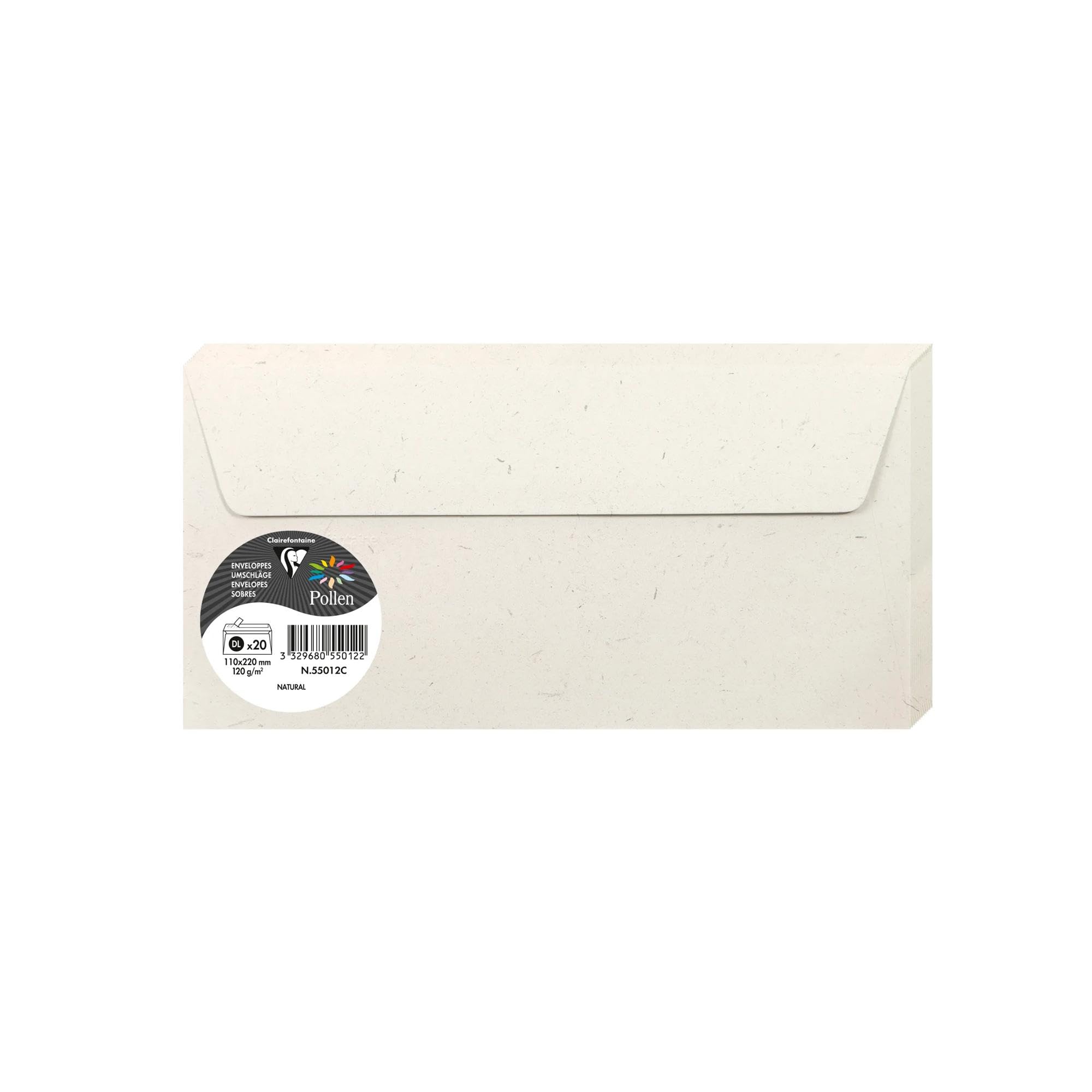 Clairefontaine 55012C 100% Recycled Paper Pack of 20 self-adhesive envelopes DL 11x22cm 120g Natura paper Event invitations correspondence Pollen range Premium
