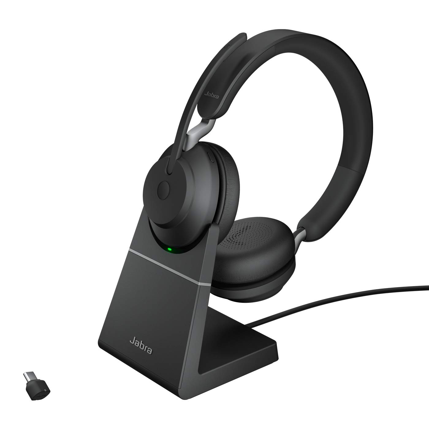 Jabra Evolve2 65 Wireless PC Headset with Charging Stand – Noise Cancelling UC Certified Stereo Headphones With Long-Lasting Battery – USB-C Bluetooth Adapter – Black