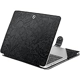 MOSISO Case Compatible with MacBook Air 13.6 inch M4 M3 M2 2025-2022 /Air 13 M1 2022-2018 /Pro 13 M2 M1 2025-2016, Embossed Retro Hibiscus PU Leather Portfolio Protective Stand Cover, Black