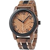 EBONY Wood Watch for Men Natural Wooden Japanese Quartz Minimalist Style Mens Wristwatch Unique Real Leaf Vein Dials Lightweight Casual Watches