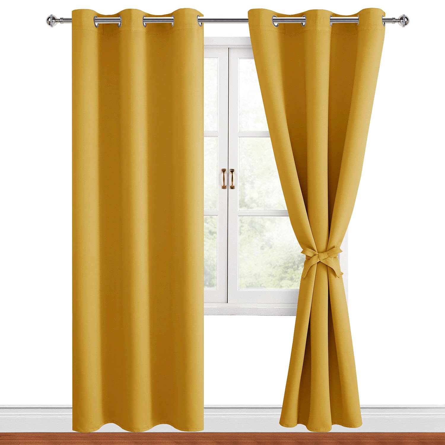 Hiasan Blackout Curtains for Bedroom, 42 x 84 Inches Long - Thermal Insulated & Light Blocking Window Curtains for Living Room, 2 Drape Panels Sewn with Tiebacks, Mustard Yellow Image