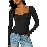 ForeFair Women's Long Sleeve Going Out Tops Pleated Basic T Shirts Cute Sweetheart Neck Y2K Fall Tops