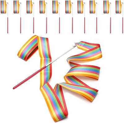 Surplex 10pcs 2m Rainbow Gymnastics Ribbon Wand Baton 200cm 30cm
