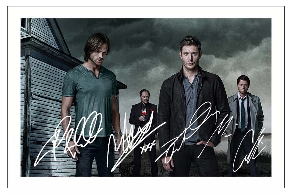 Jensen Ackles, Misha Collins, Mark Sheppard & Jared Padalecki Signed 12x8 Inch Photo Print Pre Printed Signature - Supernatural - Autograph Gift