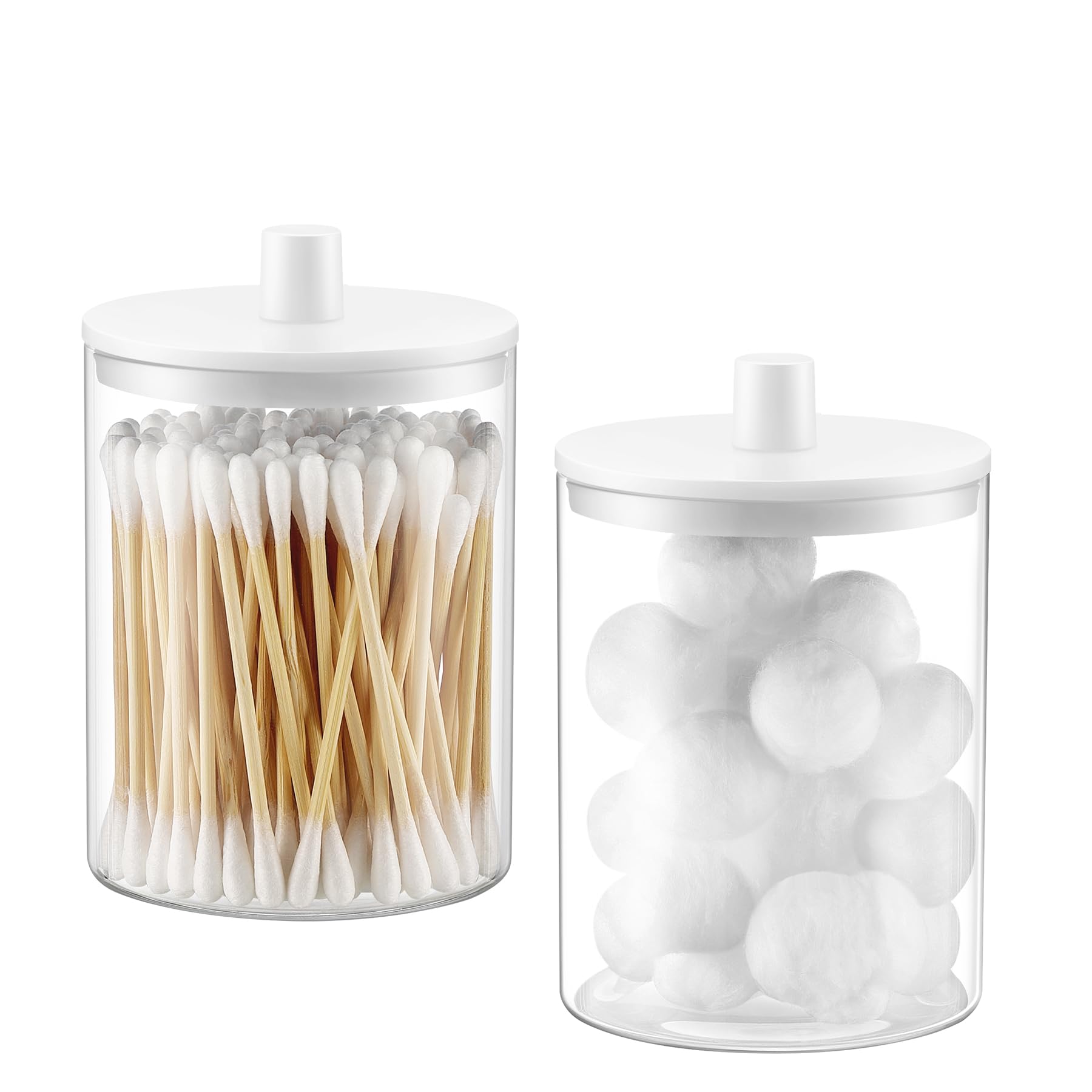 TIPGO Glass Qtip Holder Dispenser for Bathroom - 10 oz Clear Canister Apothecary Jar for Cotton Swabs, Balls, Pads, Floss Picks, Small Containers for Makeup Storage Organizer (2 Pack, White)