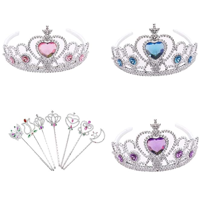 Wenosda Dress Up Tiara Wand Set Costume Party Play Accessories -Pack of 3 Crowns & Wands