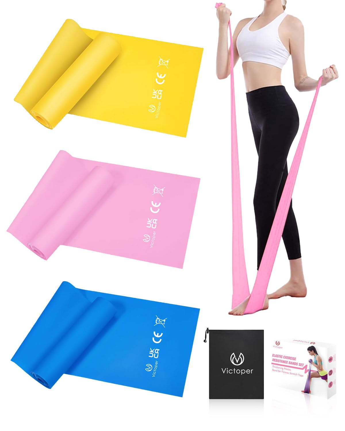 Victoper Resistance Bands Set - 3 Levels, Elastic Bands for Men & Women - Pilates, Stretch & Yoga