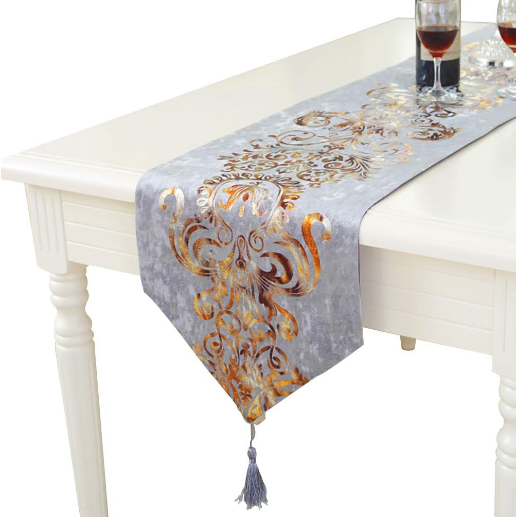 PHNAM Floral Suede Table Runner and 4 Pieces Placemats Gray Set with Pendant Tassel 13x120 Inches Modern Jacquard Elegant Classic for Kitchen Coffee Dining Home Décor Multi-Size