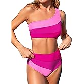 CUPSHE Women's Bikini Sets Two Piece Swimsuit High Waisted One Shoulder Color Block Ruched Asymmetrical