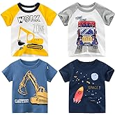 NautySaurs 4-Pack Toddler Boys Dinosaur Shirts Shark Excavator Truck T-Shirts Graphic Short Sleeve Tees