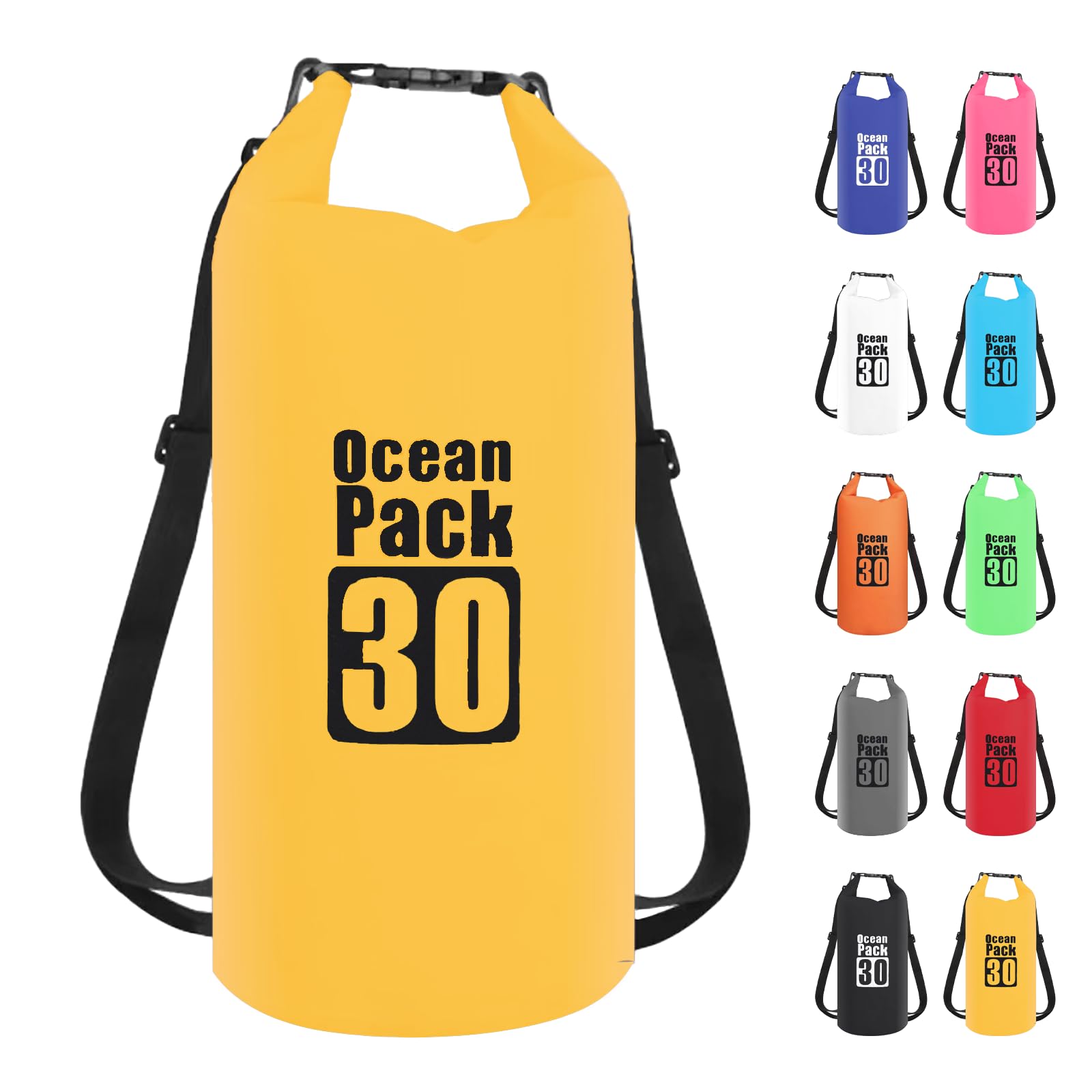 Dry Bag 30L, Boat Dry Bags Yellow Waterproof Bag Dry Sack Roll Top Long Adjustable Shoulder Strap 2L/5L/10L/20L/30L/40L for Drifting Boating Kayaking Fishing Rafting Swimming Camping Canoeing Surfing