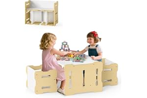 Costzon Kids Table and Chairs, All in One Wooden Activity Desk Set, Bench, Storage Shelves for Home, School and Kindergarten,