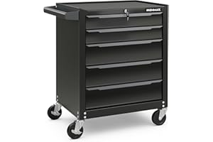 Goplus 5-Drawer Rolling Tool Chest, Steel Tool Storage Cabinet with Handle, Hanging Holes, Central Keyed Locking System, Universal Lockable Wheels, Tool Organizer Box for Garage Workshop