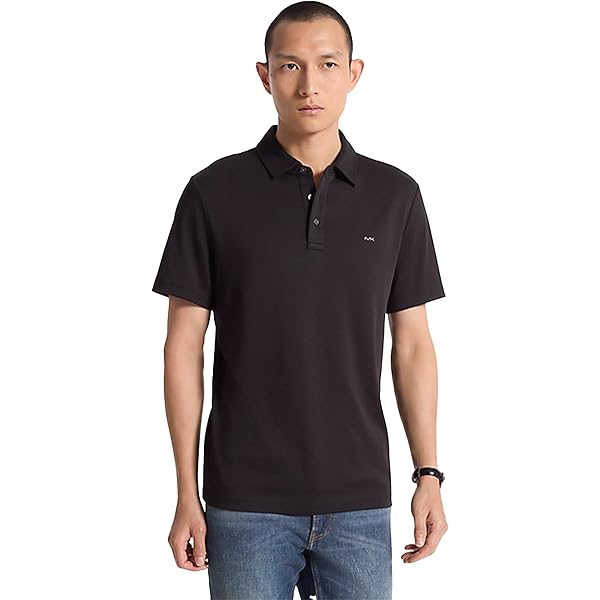 Michael Kors Men's Long Sleeve Sleek MK Polo, Black, X-Small