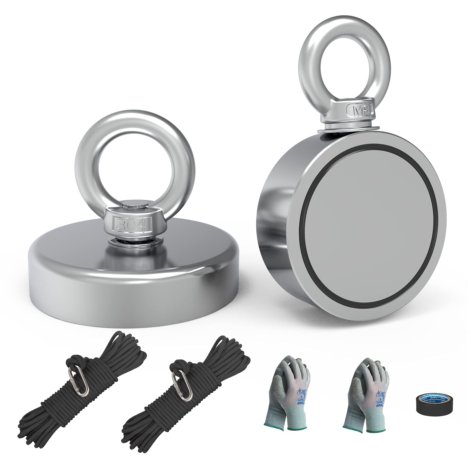 THCMAG Magnet Fishing Kit 2 Pack - 760LBS Combined Pulling Force with 2 Ropes and Gloves - 650LBS Neodymium Rare Earth for River Salvage and Retrieval