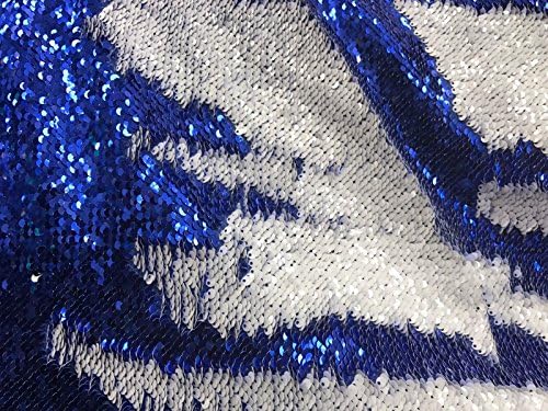 SEQUINS FABRIC 2 WAY STRETCH REVERSIBLE MERMAID SCALES-ROYAL BLUE/WHITE-BY YARD