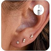 Flat Back Stud Cartilage Tragus Helix Nose Piercing Earrings Jewelry For Women Conch Threadless 18G Titanium Surgical Steel Hypoallergenic 14K Gold plated CZ Silver Small Tiny Studs