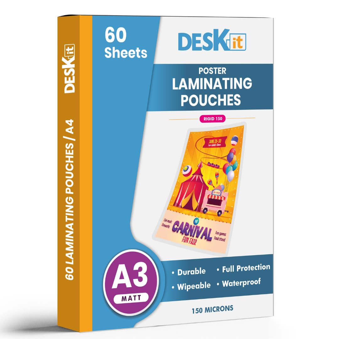 Deskit Laminating Pouches, A3 Matt, 150 Microns, 60 per Pack. Create Clear and Durable Posters with a Modern Finish.