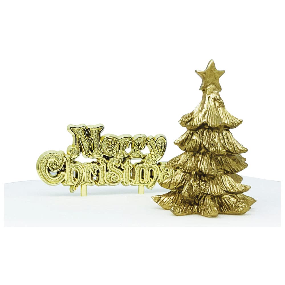 Anniversary House 2pcs Gold Tree Resin Cake Topper & Gold Merry Christmas Motto Luxury Boxed Cake Decorations, Xmas Cake Toppers, Yule Log Decoration, Traditional Non-Edible Decorations, BX288 UK