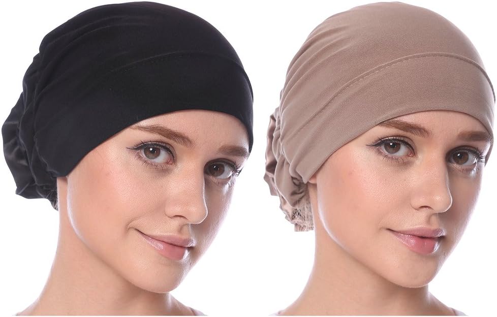 YI HENG MEI Women's 2 Pack Elegant Stretch Milk Silk Flower Muslim Turban Cap Chemo Cancer Cap,Black+Light Coffee