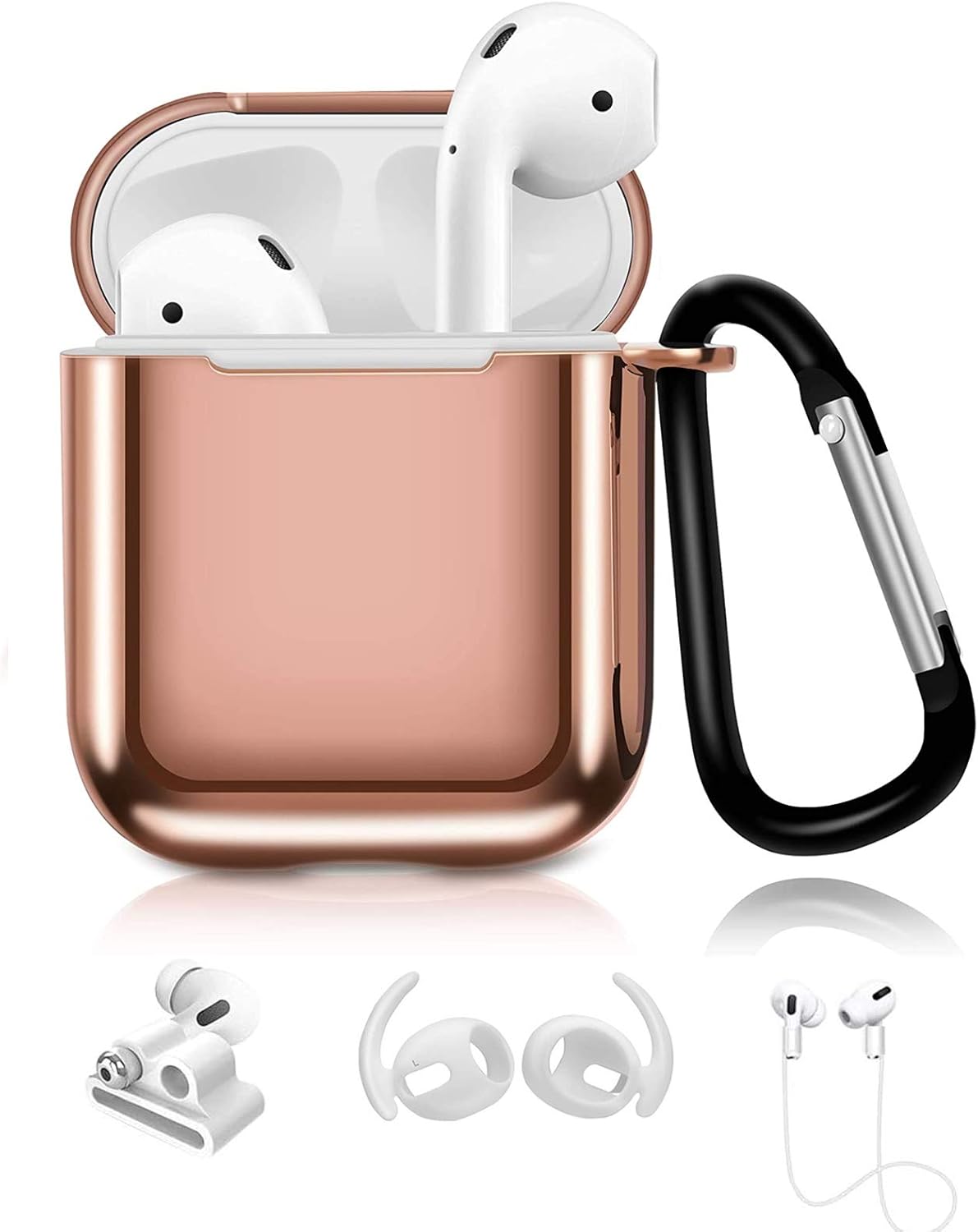 Aiiko AirPods Case Cover,Upgrade TPU Plated Case with Keychain/Anti-Lost Strap/Earhooks and Watch Band Holder,Shockproof Case Cover Compatible with Apple AirPods 2&1 [Front LED Visible] - Rosegold