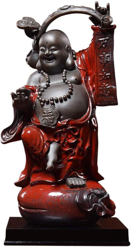 Big Laughing Buddha Statue For Good Luck Wealth And Happiness,Chinese Ceramic Big Belly Standing Red Kasaya Ruyi Maitreya Figurine For Zen Meditation,Handmade Sculpture Ornamentfor Home Desk Decor