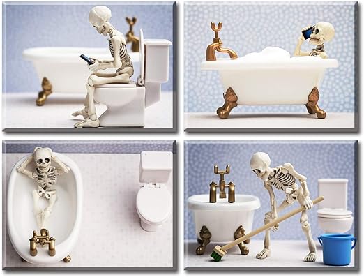 Amazon Com Blinfeiru Skeleton Skull Bathroom Wall Art Decor Funny Skulls Bones Bathing Telephoning Playing Phones For Restroom Halloween Pictures Prints On Canvas Stretched And Framed 4 Panels Posters Prints
