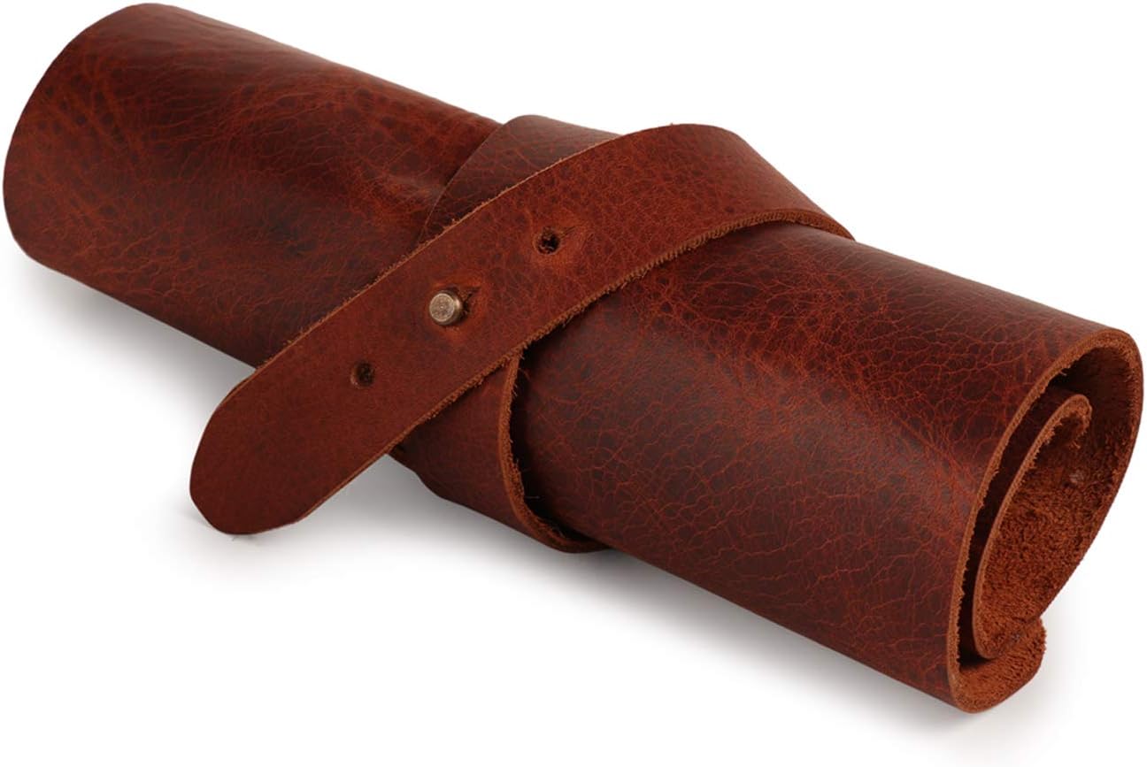 LONDO Genuine Leather Pen & Pencil Roll Case - 10 Slots - Classic Design - Cowhide Leder, Brown - Image 5