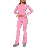 Women's Cotton Lounge Flared Legging Set Two Piece Outfits Basic Long Sleeve Crop Tops Low Rise Fold Over Yoga Pants