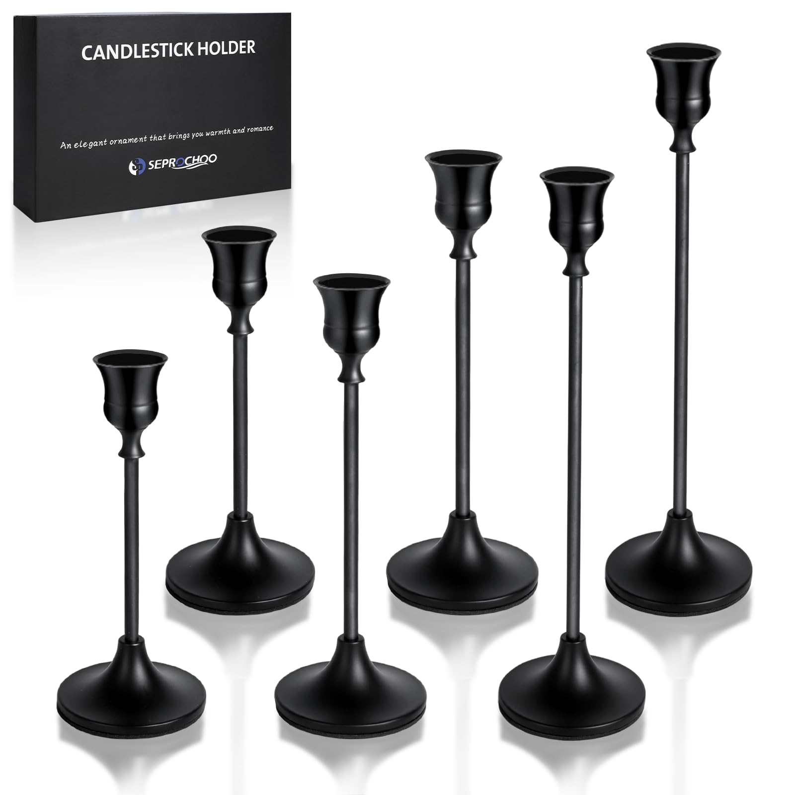 Photo 1 of 2 Set(6 Pcs) Candlestick Holders Taper Candle Holders Black Candlestick Holder Set Vintage Modern Decorative Centerpiece for Table Mantel Wedding Housewarming Gift (Black, 2 Set(6 pcs))