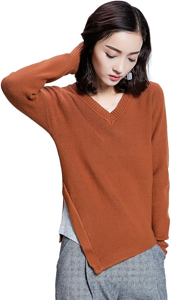 Amazon ニット Vネック レディース トップス 秋冬 長袖 厚手 リブ 洗える チュニック シンプル プルオーバー セーター フリーサイズ ブラウン セーター 通販