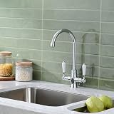 Heable Kitchen Sink Tap White Ceramic Dual Lever Monobloc Chrome Swivel UK view 2