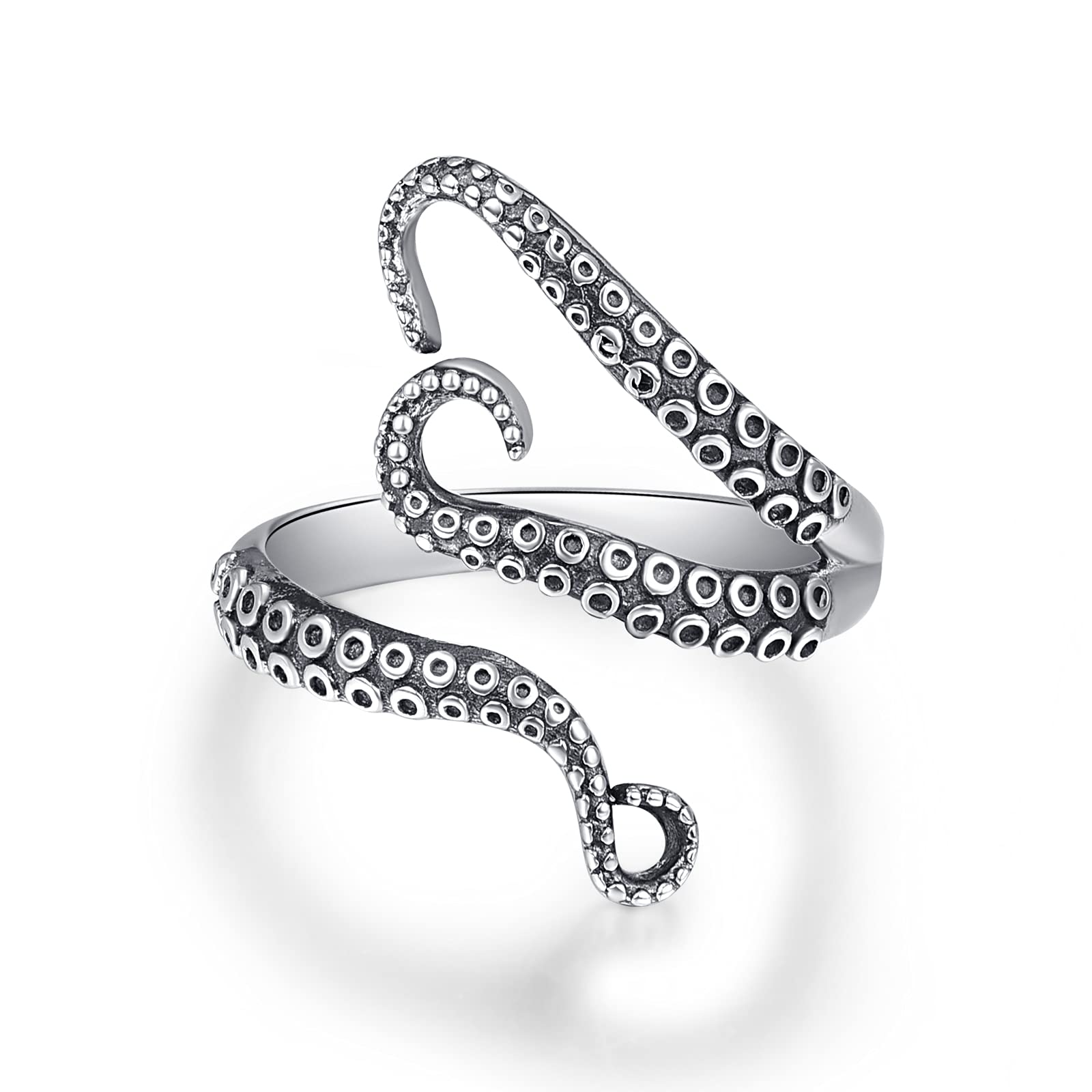 KINGWHYTE Octopus Ring 925 Sterling Silver Adjustable Opening Ring Retro Tentacles Black Vintage for Mens Women