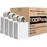 RACETOP White Paper Bags with Handles Bulk 8"x4.5"x10.8" 100Pcs Gift Bags Medium Size, White Gift Bags with Handles, Gift Bag Bulk for Retail, Party, Shopping, Merchandise