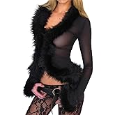 Women Fur Trim Crop Top Sexy V Neck Low Cut See Through Mesh Sheer Long Sleeve Fuzzy Shirt Y2K Coquette Slim Clubwear