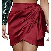 RSBFK Women's Silky Satin Mini Short Skirt Irregular Hem Pleated High Waist Flowy Casual Short Skirt