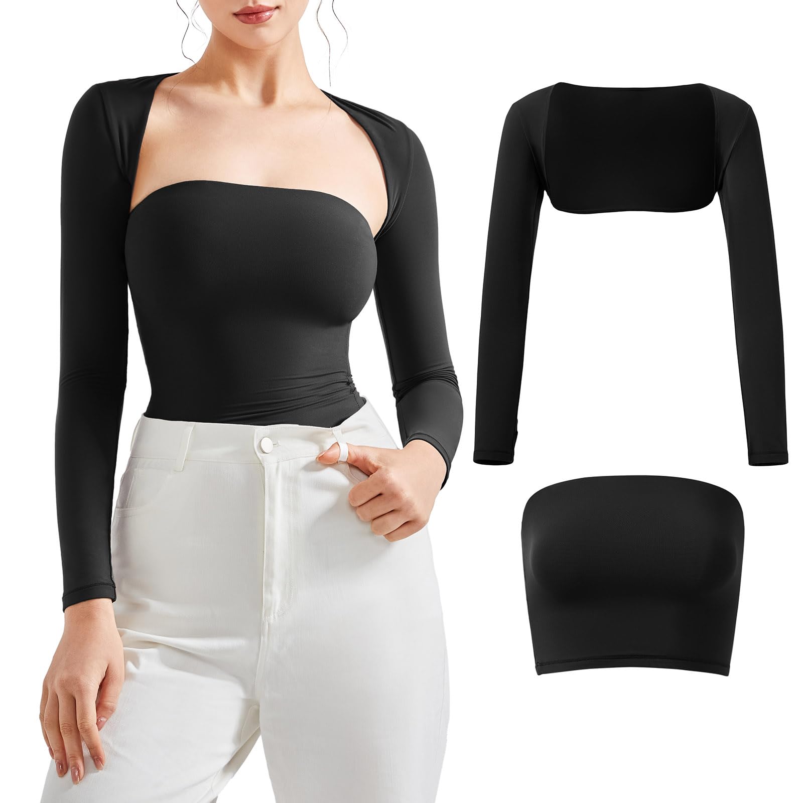 Photo 1 of SUUKSESS Women 2 Piece Long Sleeve Bolero Open Front Basic Shrug Sexy Tube Top Y2K Going Out Double Lined Basic Tank Top (Black,XS)