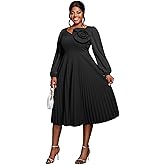 AOMEI Women's Chiffon Long Sleeve with Flower Pleated Elegant Midi Summer Dress