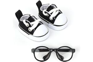 2pcs 17cm Doll Shoes & Glasses, Fashion Mini Lace-Up Canvas Casual Sneakers & Eyeglasses Cute Doll Outfit Accessories (Black)