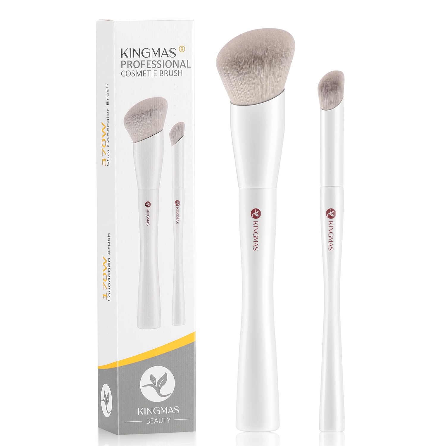 KINGMAS Angled Foundation Brush Mini Concealer Brush, Kabuki Under Eye Contour Makeup Brush for Liquid, Blending, Cream, Powder, Blush Buffing Stippling Face Makeup Tools White (170/370)