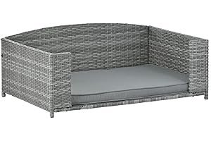 AMZOSS Rattan Pet Sofa Lounge, Indoor/Outdoor Elevated Cats and Dogs Bed with Steel Frame and Removable Mattress, Handwoven Wicker Pet Bed - Elegant Pet Bed for Dogs/Cats up to 80 lbs,38.5"l x 26.5"w x 15"h