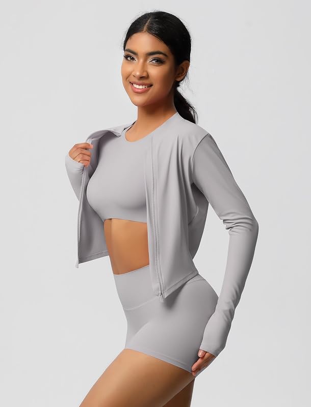 Sport-Set Damen 3-teilig mit Sportjacke: Gym Set Laufjacke + kurz Leggings + Kurzarm Tank Top mit BH - Sportkleidung für Sport, Fitness, Yoga und Pilates hellgrau L