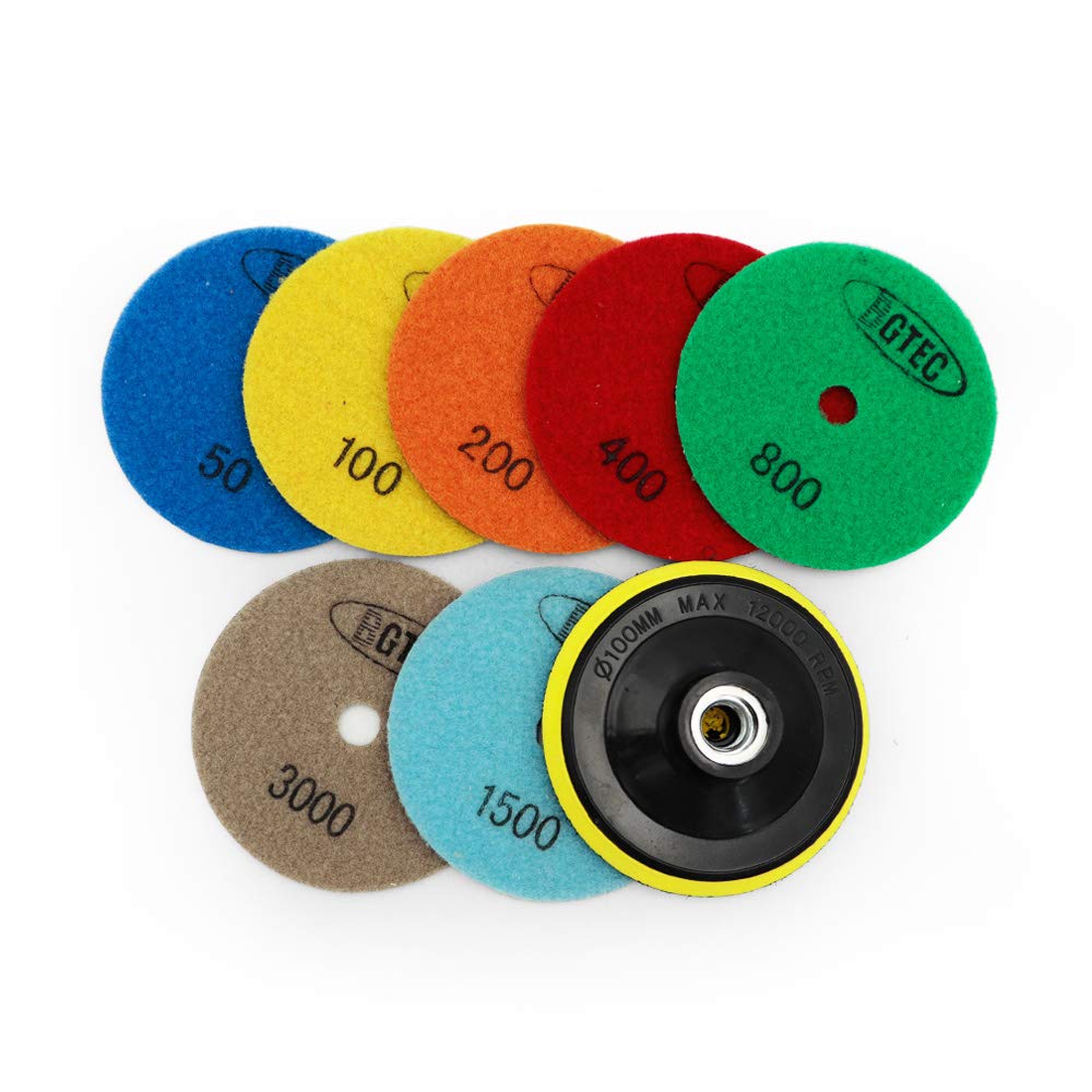BGTEC 100mm Dry Diamond Polishing Pads Set,7 Pieces Pads Plus Plastic Foam Hook and Loop Backing Pad for Marble Stone Quartz Tiles Floor Edges Countertop Polishing