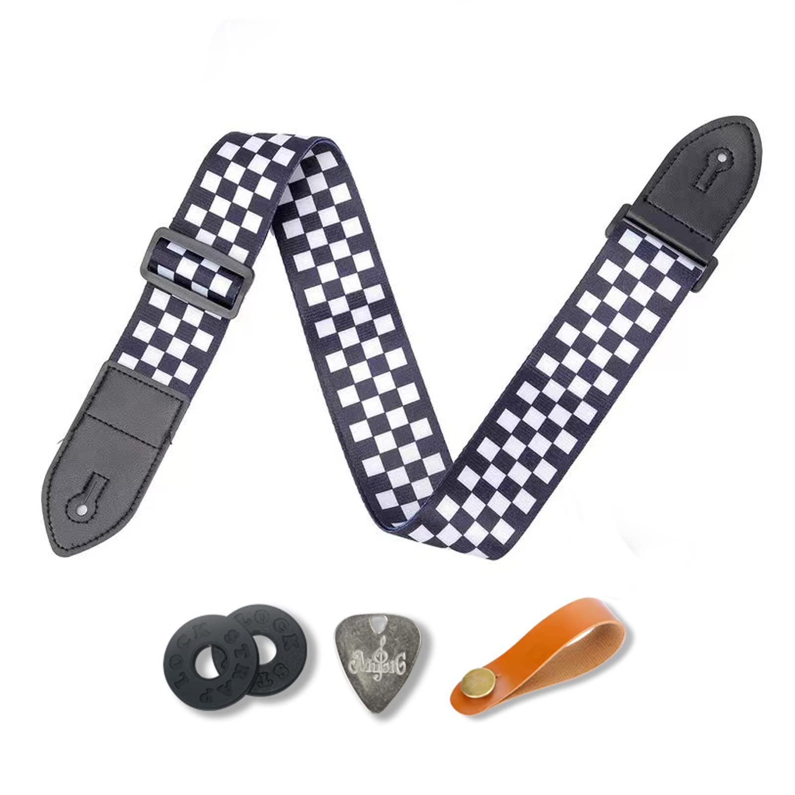 CANTUS Guitar Strap for Bass Acoustic Electric Guitars with 2 Strap Lock Button 1 Headstock Band 1 Metal Pick，Black White Type — image 1